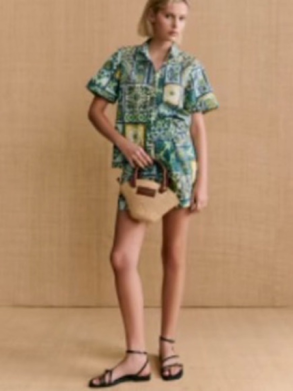 Sézane Tomasso Green Patterned Shorts